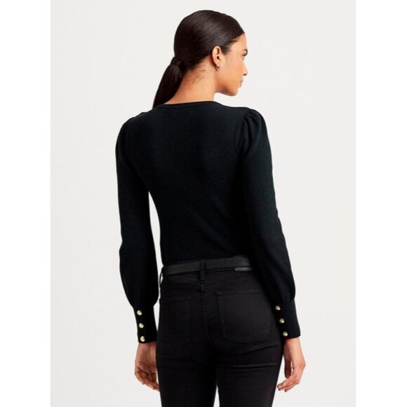Lauren Ralph Lauren Crewneck Puff-Sleeve Black Sweater Petite Size Small New - Picture 2 of 7